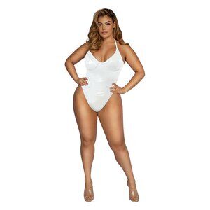 Plus Liquid Halter Wet-Look Pull-On Romper with High Leg Detail